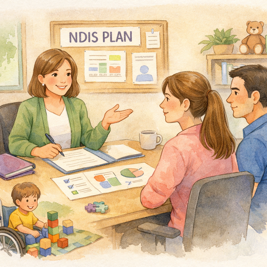 Parent meeting with a support coordinator to discuss an NDIS plan for their child.