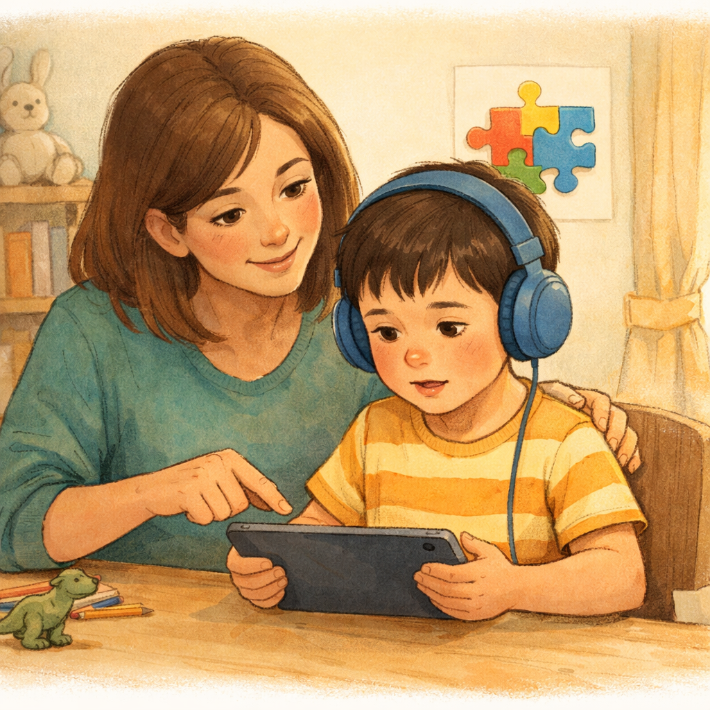 Child with autism using a tablet with educational apps while a parent supervises nearby.