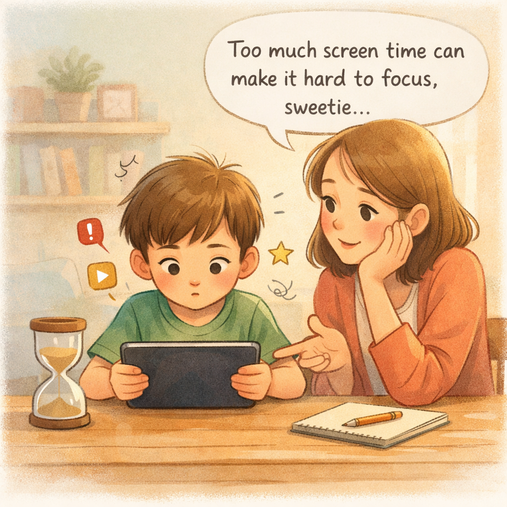 Parent observing a child using a tablet while discussing its impact on attention and focus.