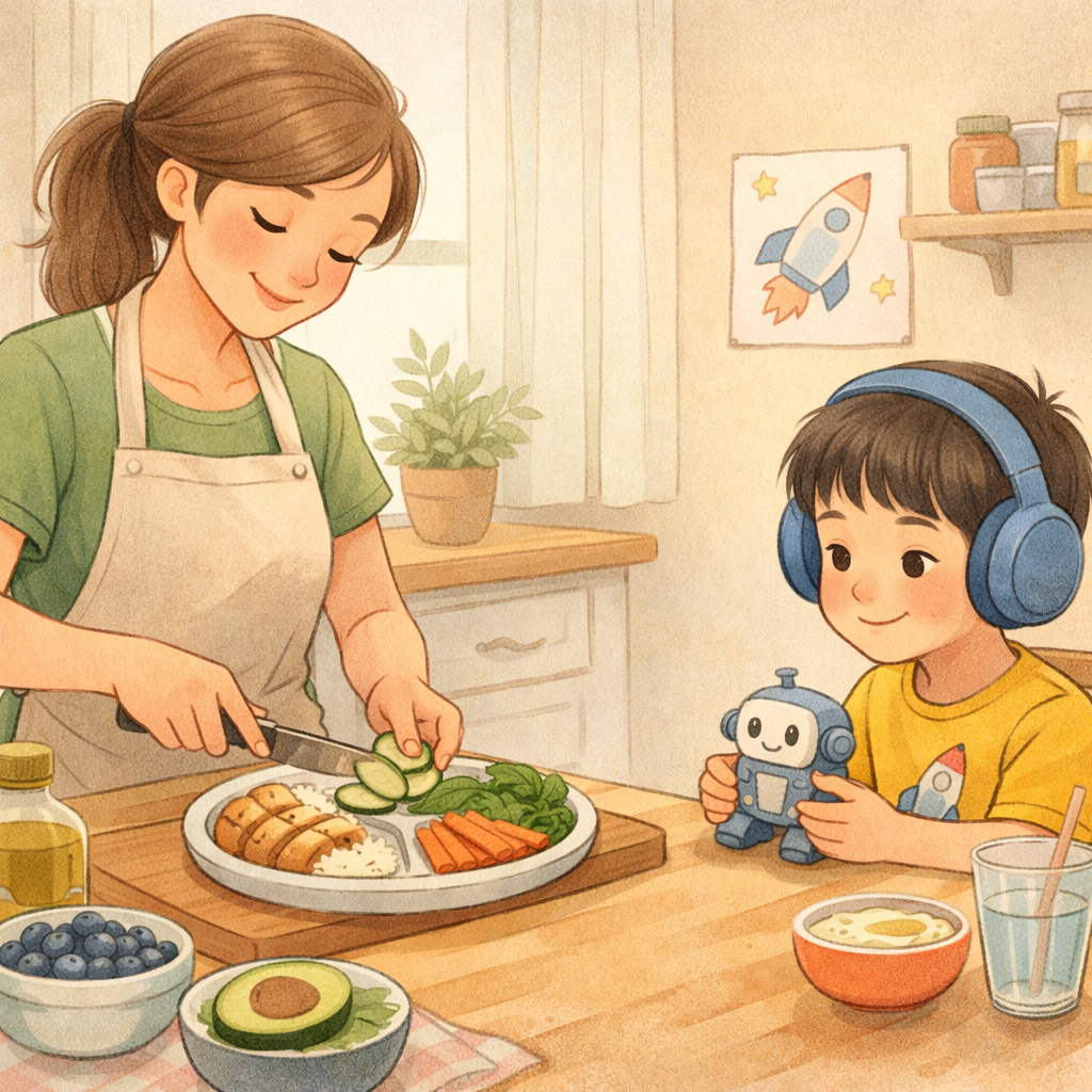 Parent preparing a healthy, gut-friendly meal for a child on the autism spectrum.