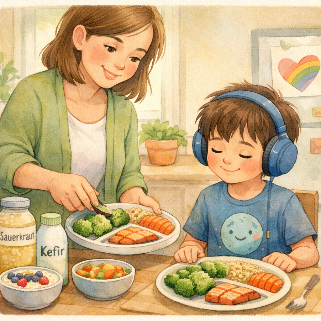 Parent preparing a balanced meal with fruits, vegetables, and whole grains for a child with autism.