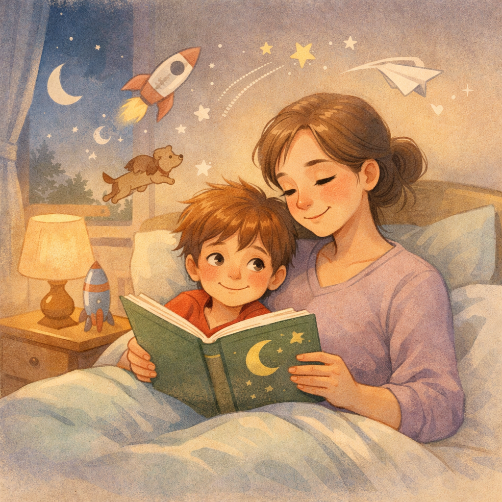 Parent reading a bedtime story to a child with ADHD to help them relax.