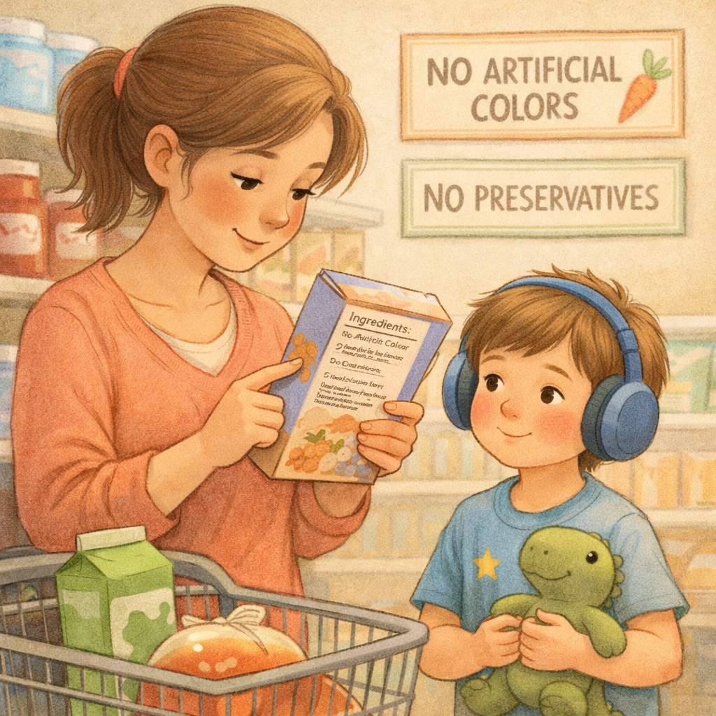 Parent reading food labels to avoid artificial additives and preservatives for a child with autism.