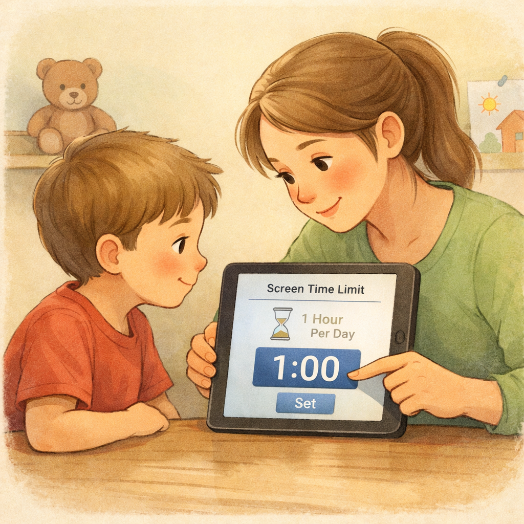 A parent and young child sit together on a couch, looking at a tablet and discussing what appears on the screen.