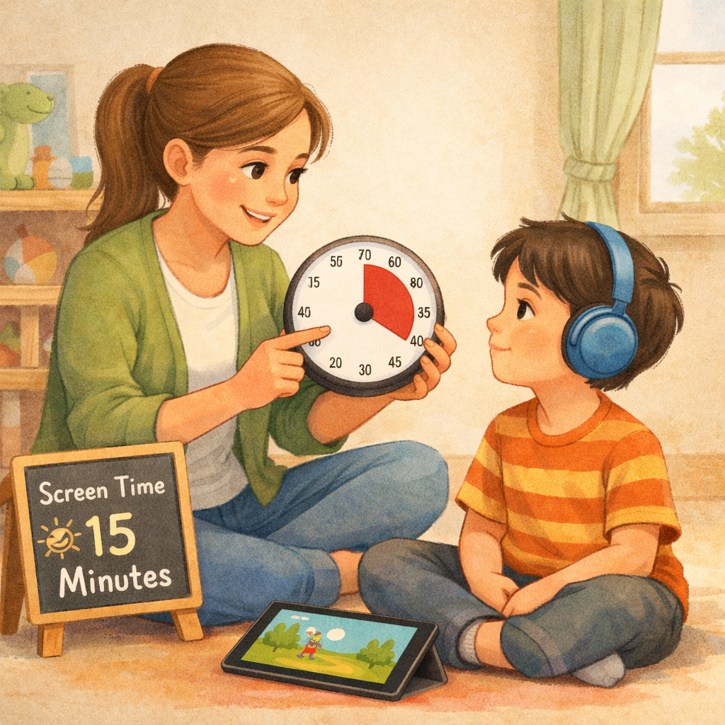 Parent setting healthy screen time limits for a child with autism.