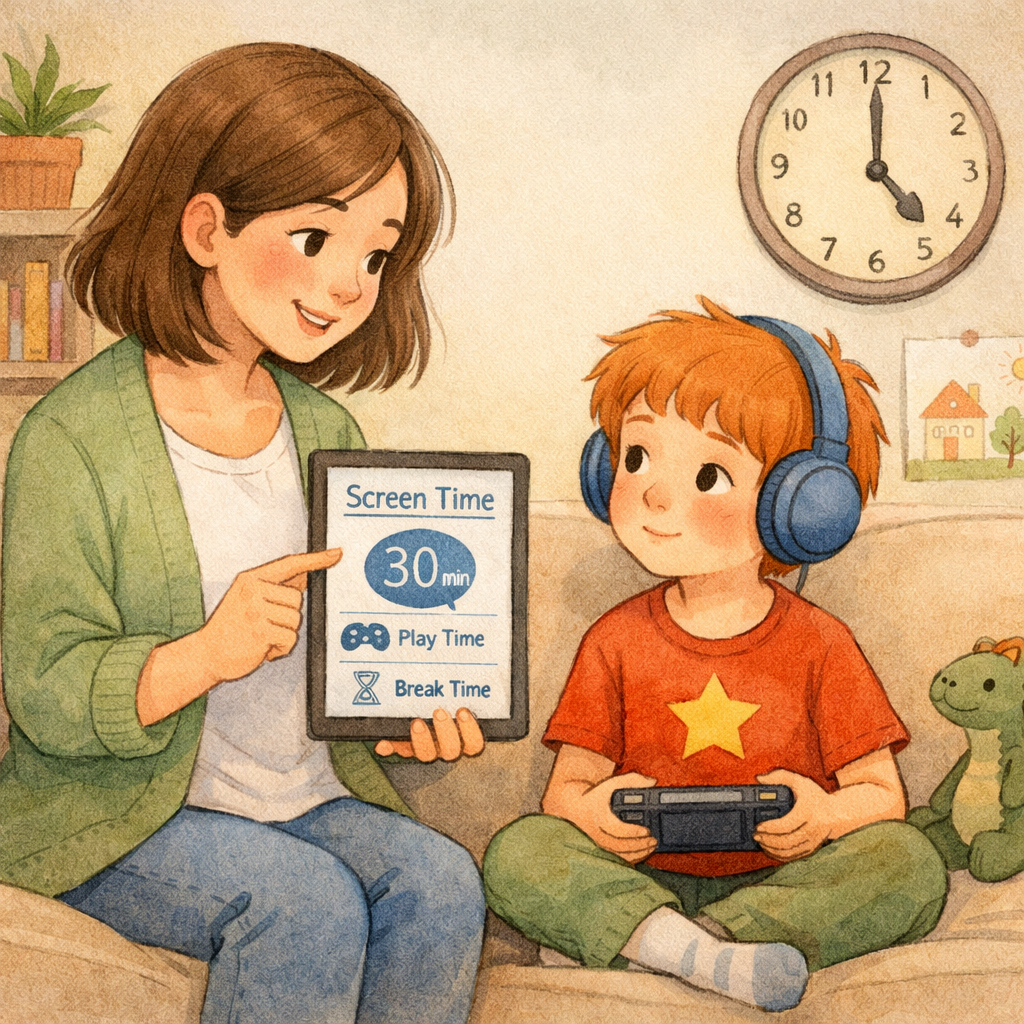 Parent setting screen time limits for a neurodiverse child at home.