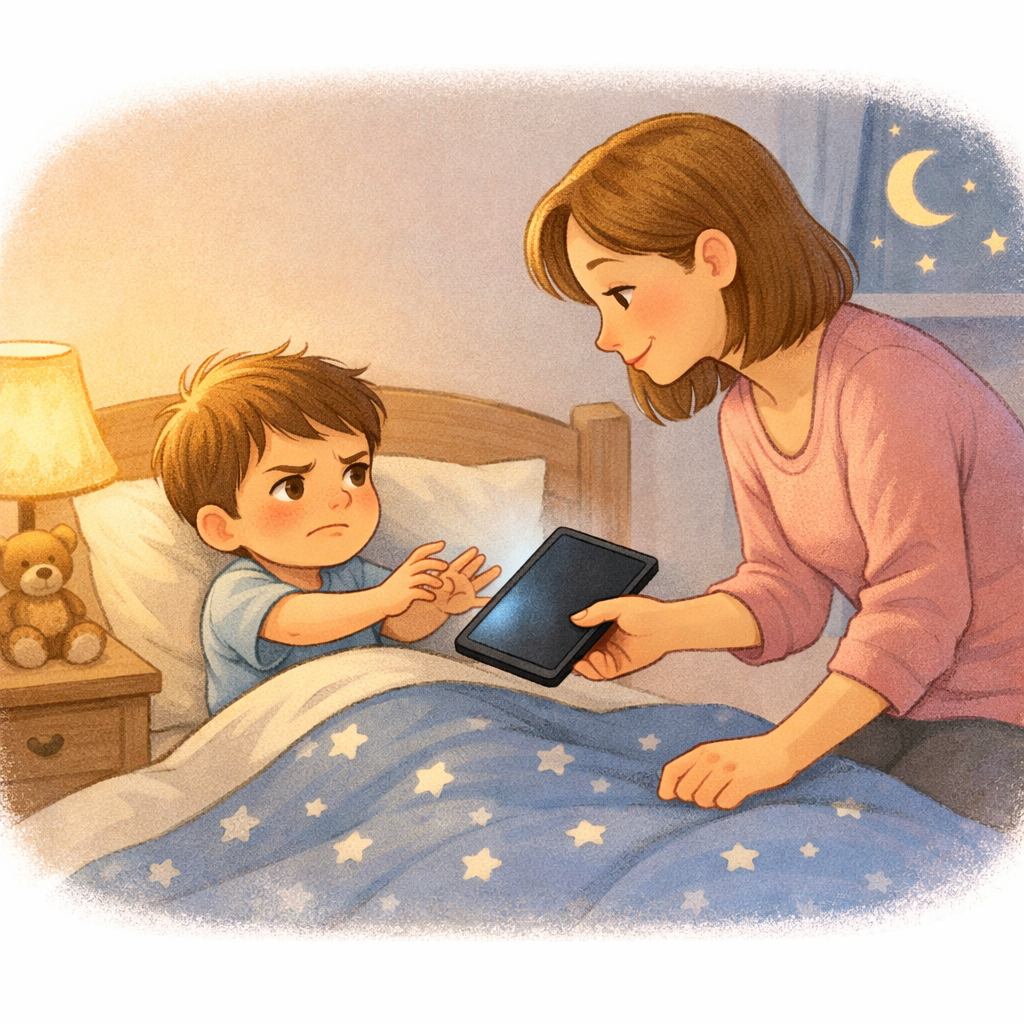 Parent taking tablet away from child during bedtime to enforce screen limits.