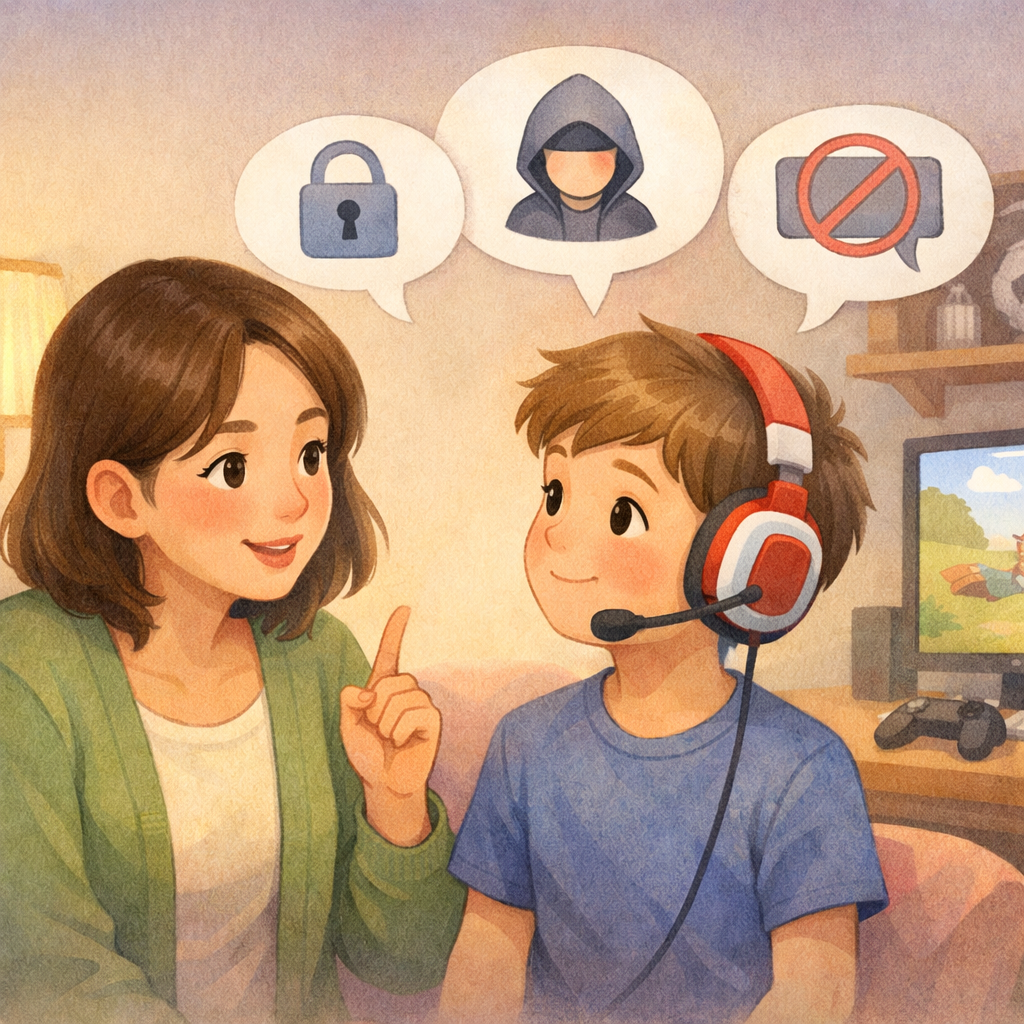 Parent talking to a child about online gaming safety at home.