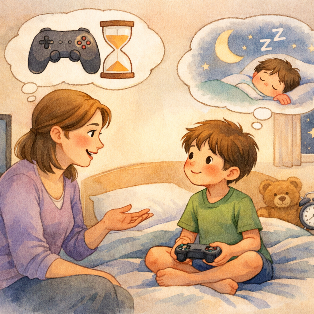 Parent guiding a child with autism to limit tablet use while encouraging a break for offline play.