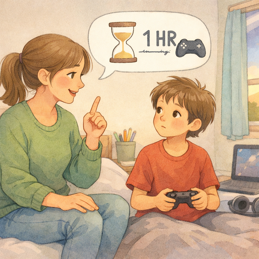 Parent talking with a child about setting limits on online gaming time.