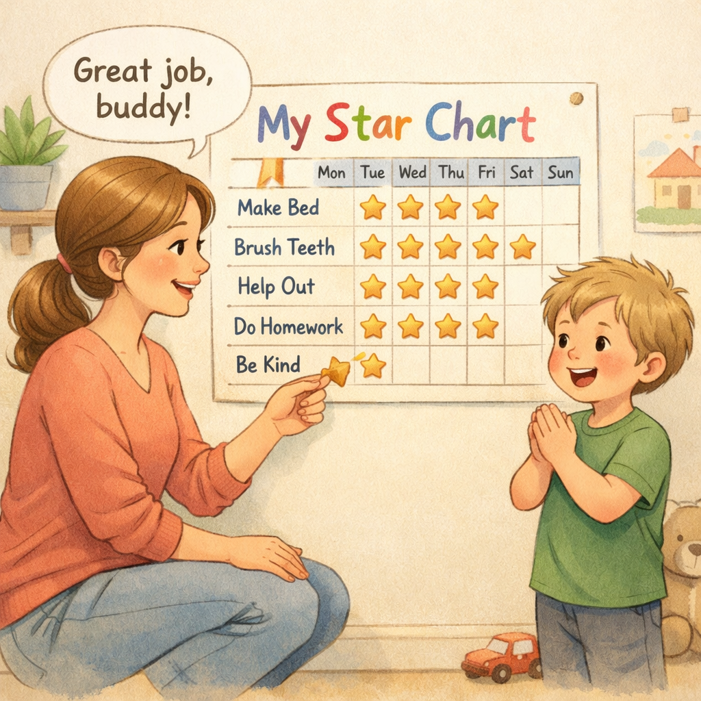 Parent using a behavior chart to encourage positive habits at home.