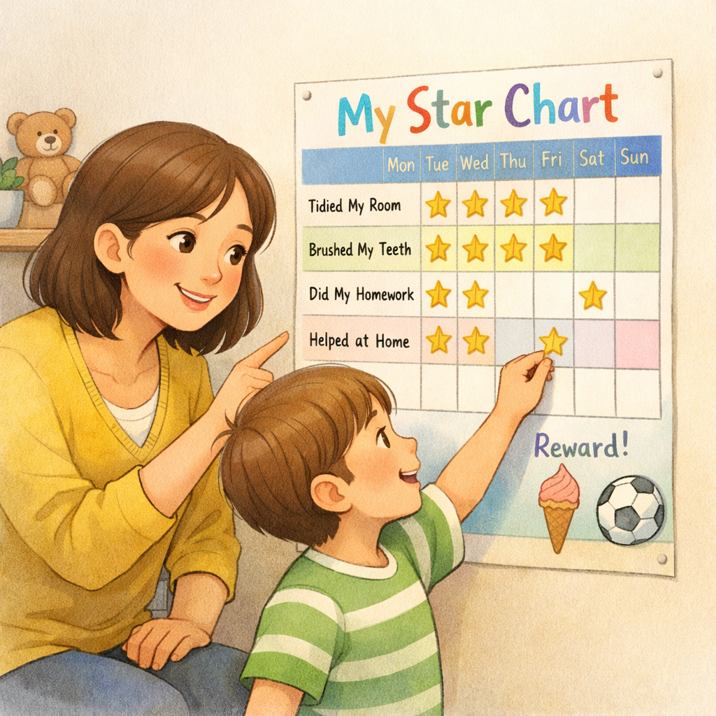 Parent using a behaviour chart to encourage positive habits at home.