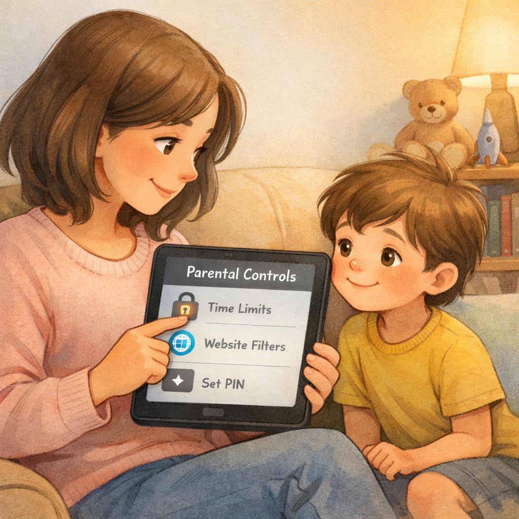 Parent using parental control settings on a tablet while child watches.
