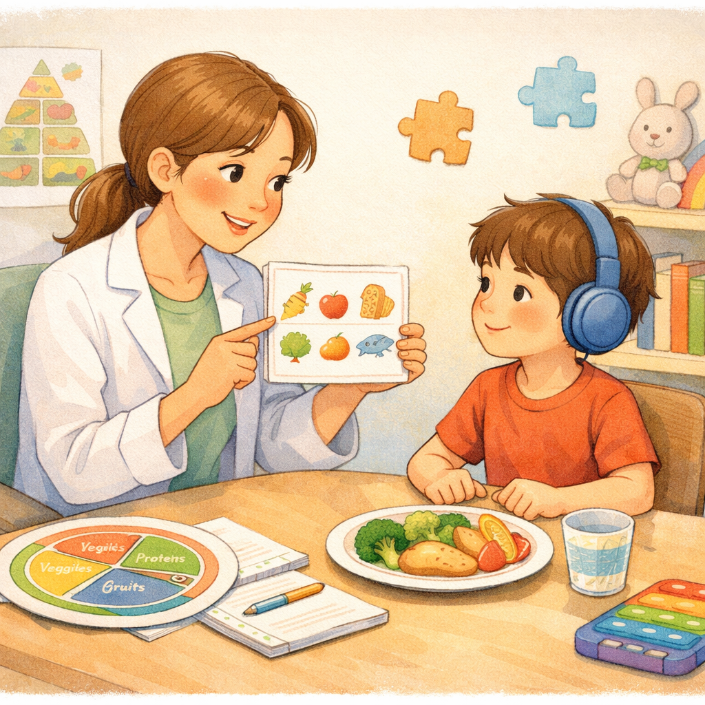 Pediatric dietitian providing nutrition therapy for an autistic child during a consultation.