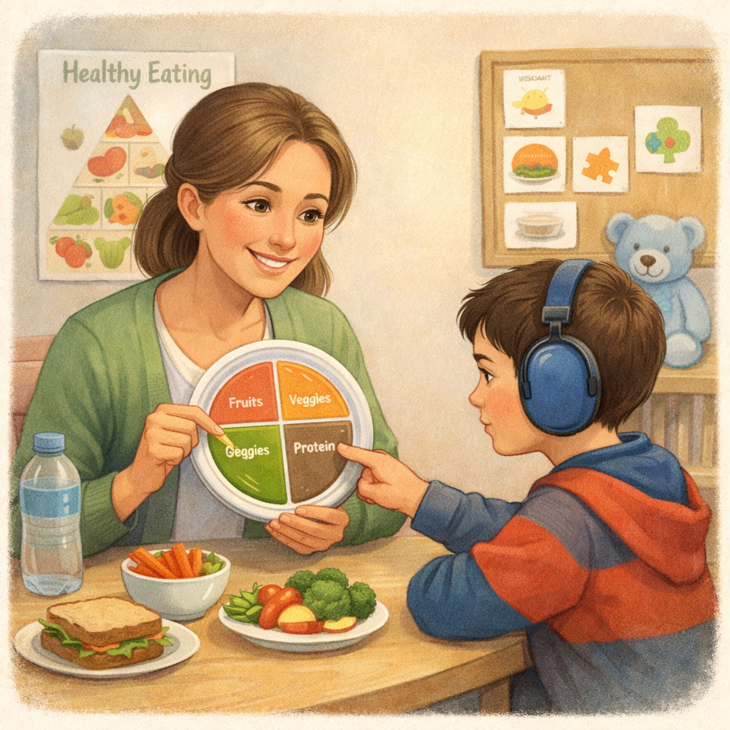 Pediatric dietitian working with a child with autism on healthy eating habits.