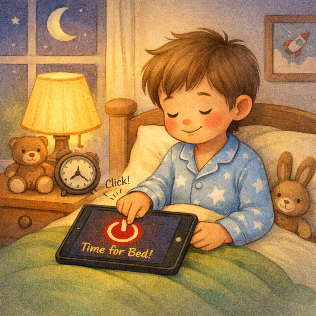 Child putting down a tablet after screen time limit is reached