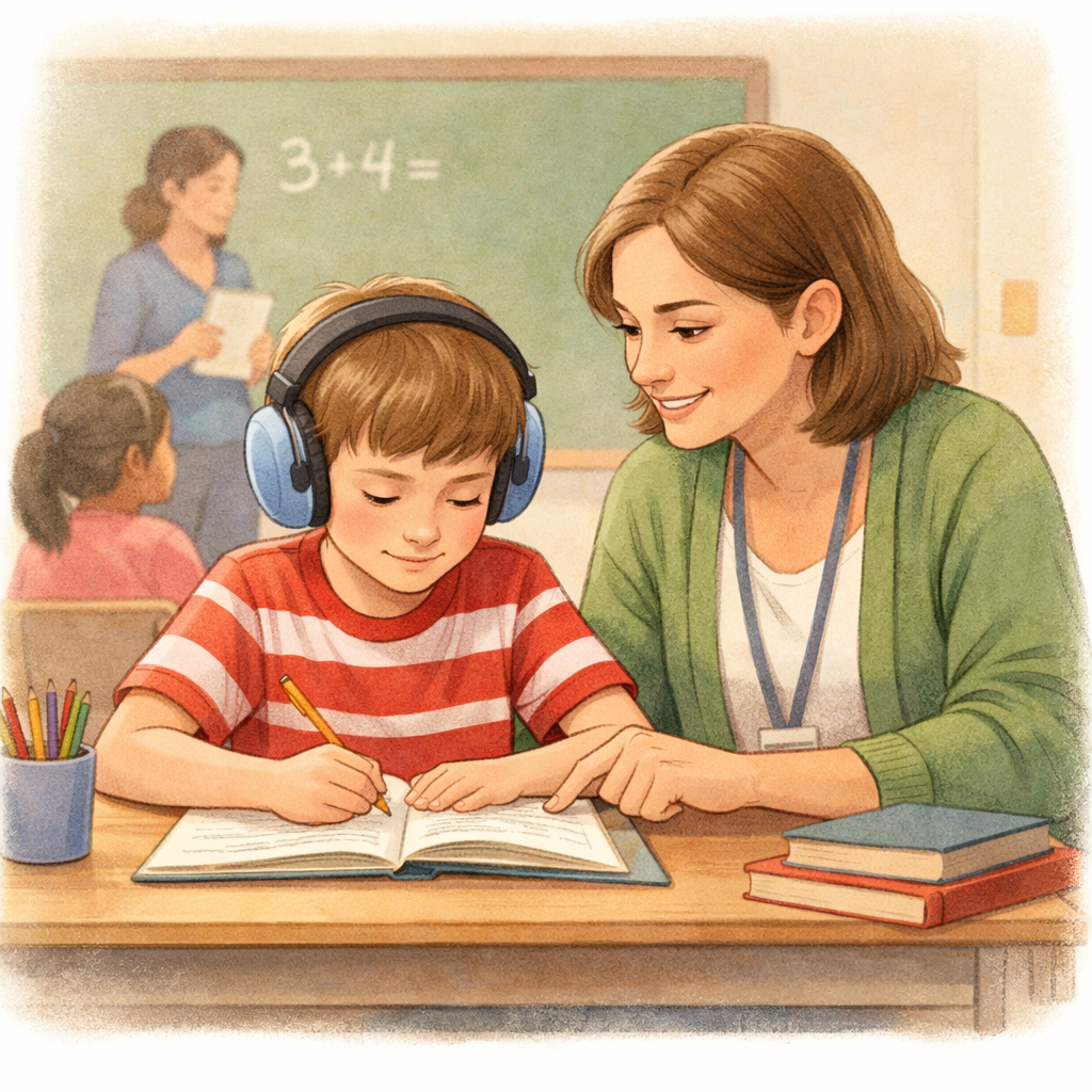 Teacher providing one-on-one support to an autistic student during a classroom activity.