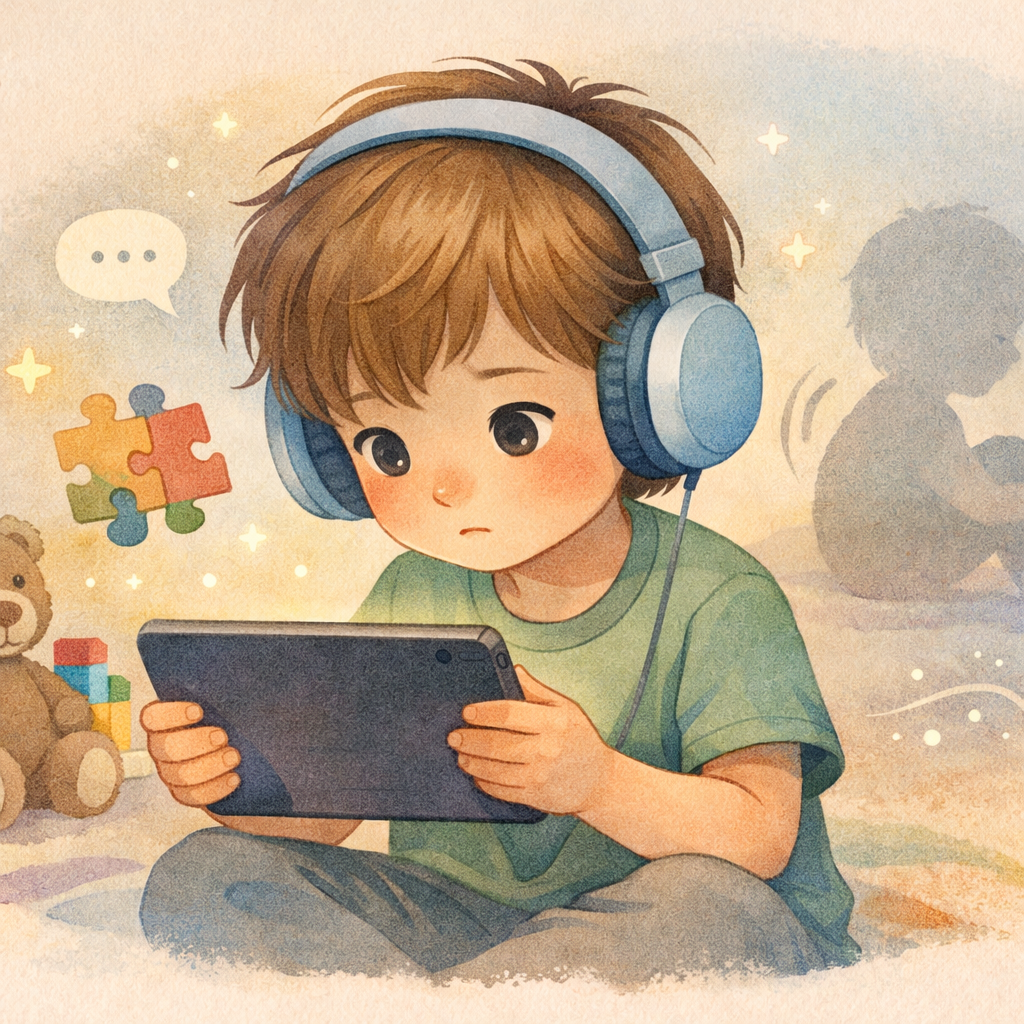 Child watching a cartoon on a tablet during quiet time.