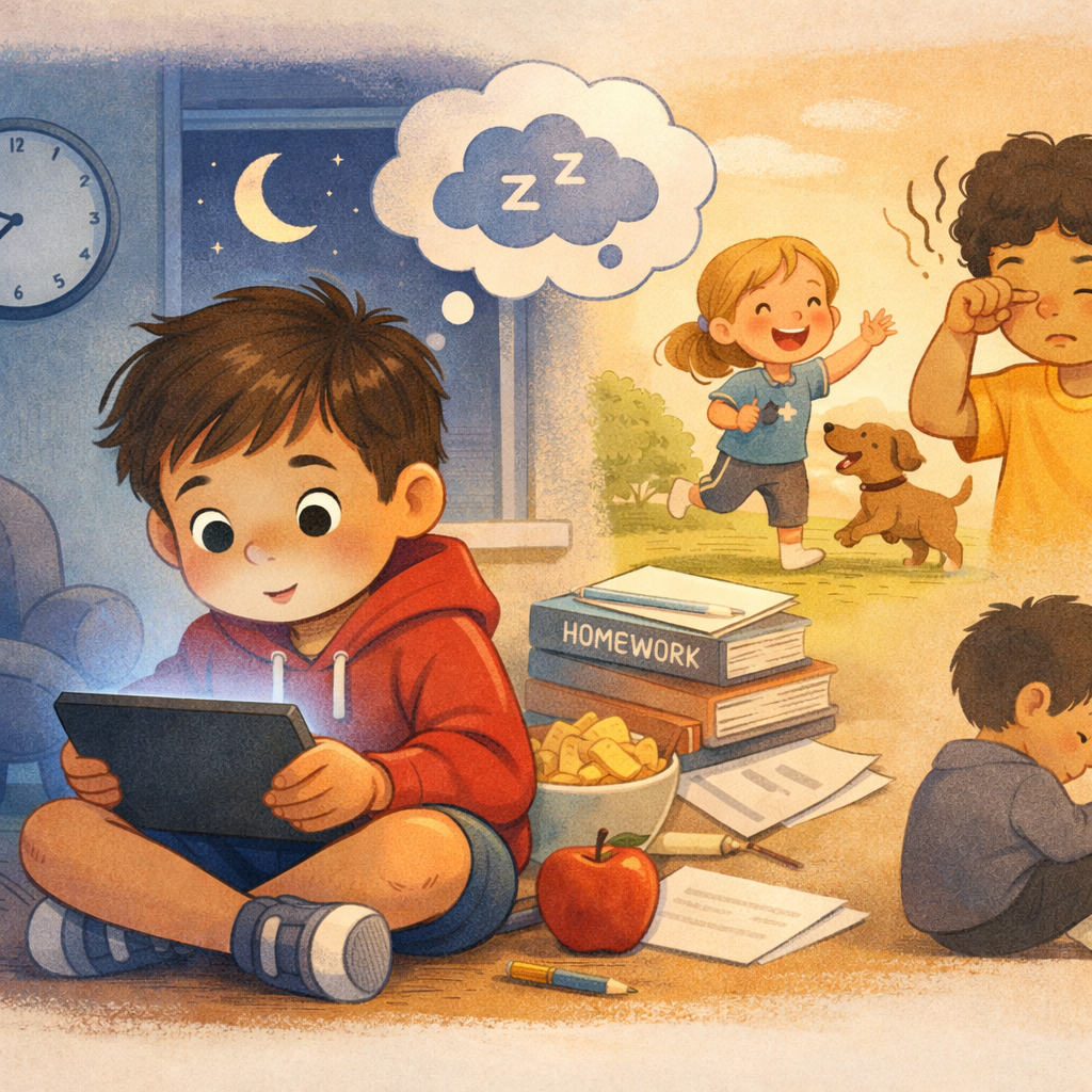 Comparison image showing a child using a tablet versus playing outside with friends.