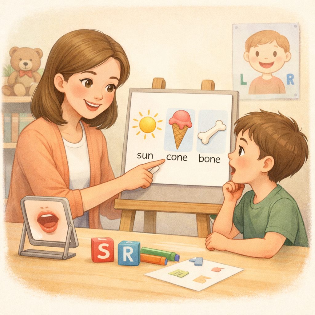 Speech therapist working with a child on pronunciation using flashcards.