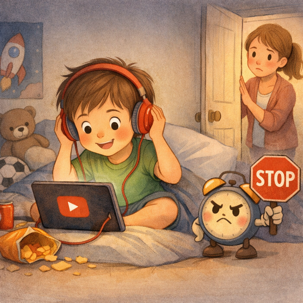 Laptop displaying the YouTube homepage next to a sticky note that reads “Limit screen time.