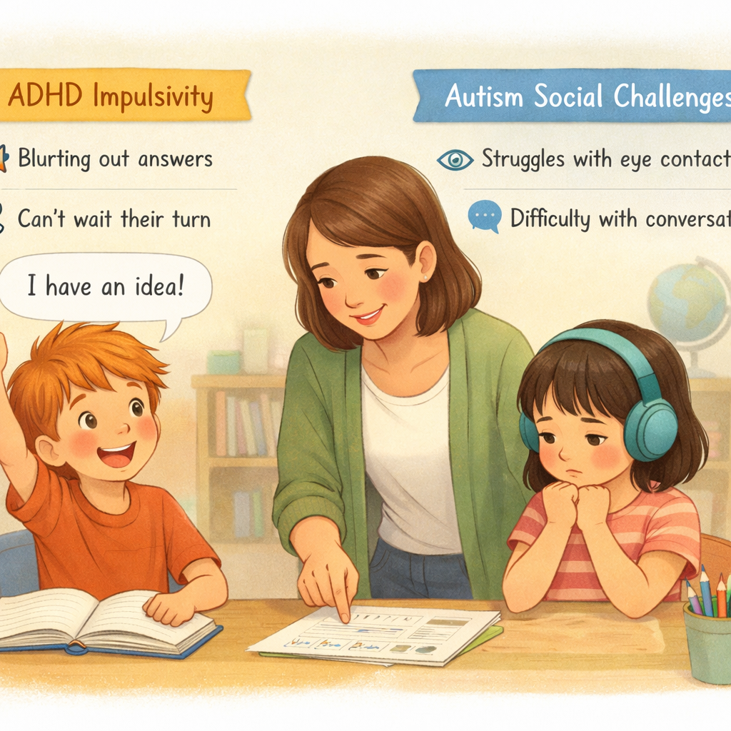 Teacher assisting two students while visual labels explain ADHD impulsivity and autism social communication challenges.