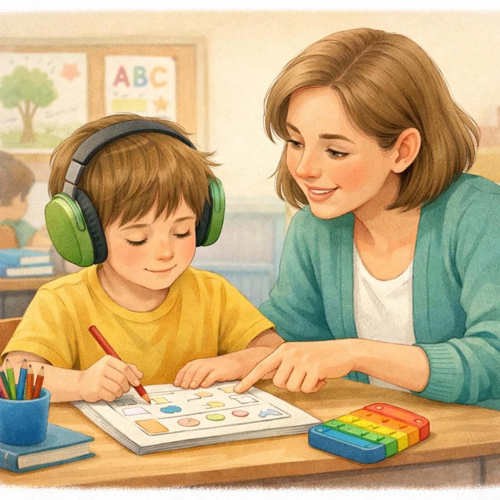 Teacher providing classroom support for a student with autism.