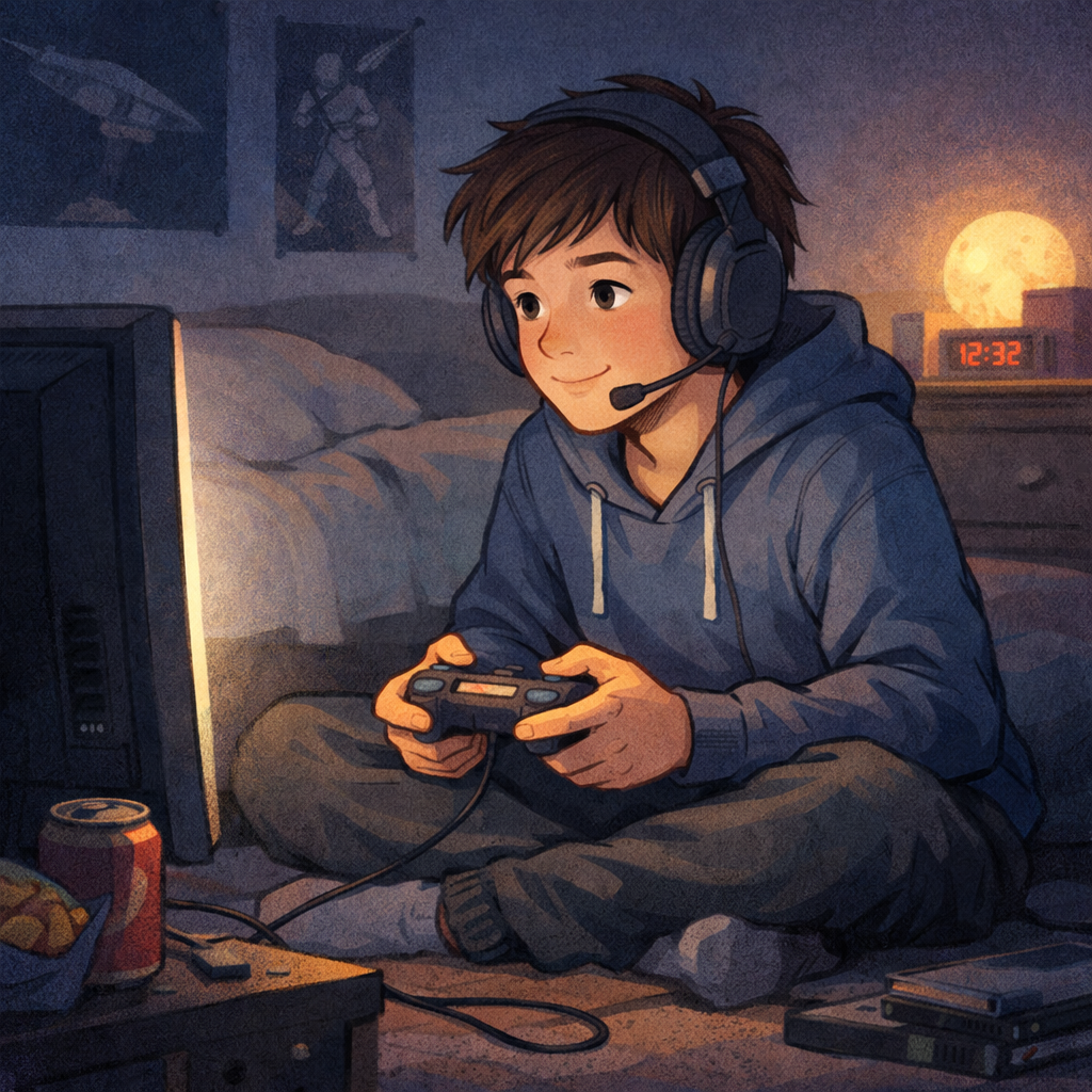 Teen playing video games late at night with a glowing screen in a dark bedroom.