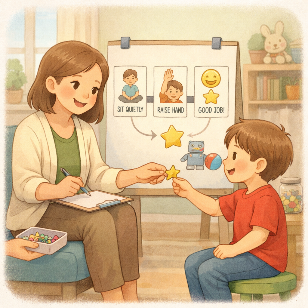 Therapist guiding a child through a behavior therapy session using visual cues and rewards.