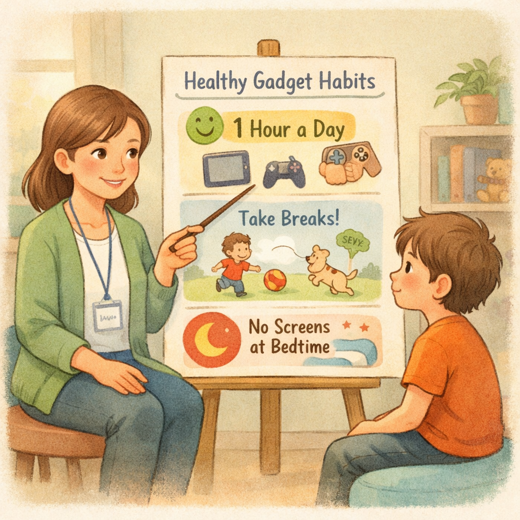 Therapist using a visual chart to explain healthy gadget use limits to a child.