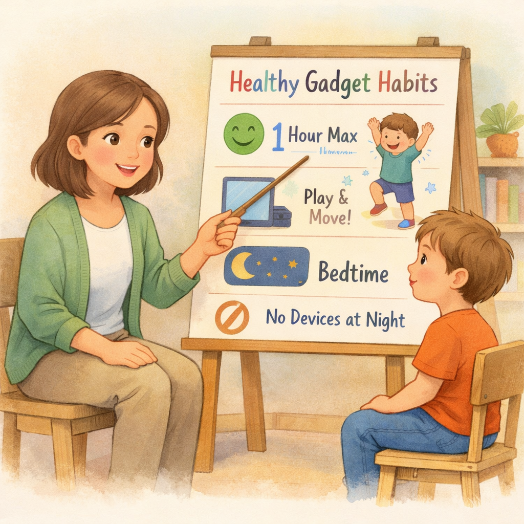 Therapist using a visual chart to explain healthy gadget use limits to a child.