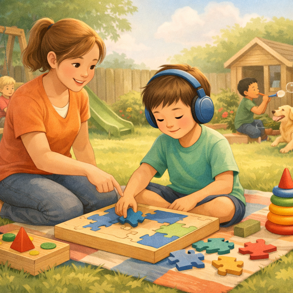 Child solving a puzzle – A neurodiverse child concentrating while completing a colorful jigsaw puzzle at a table.