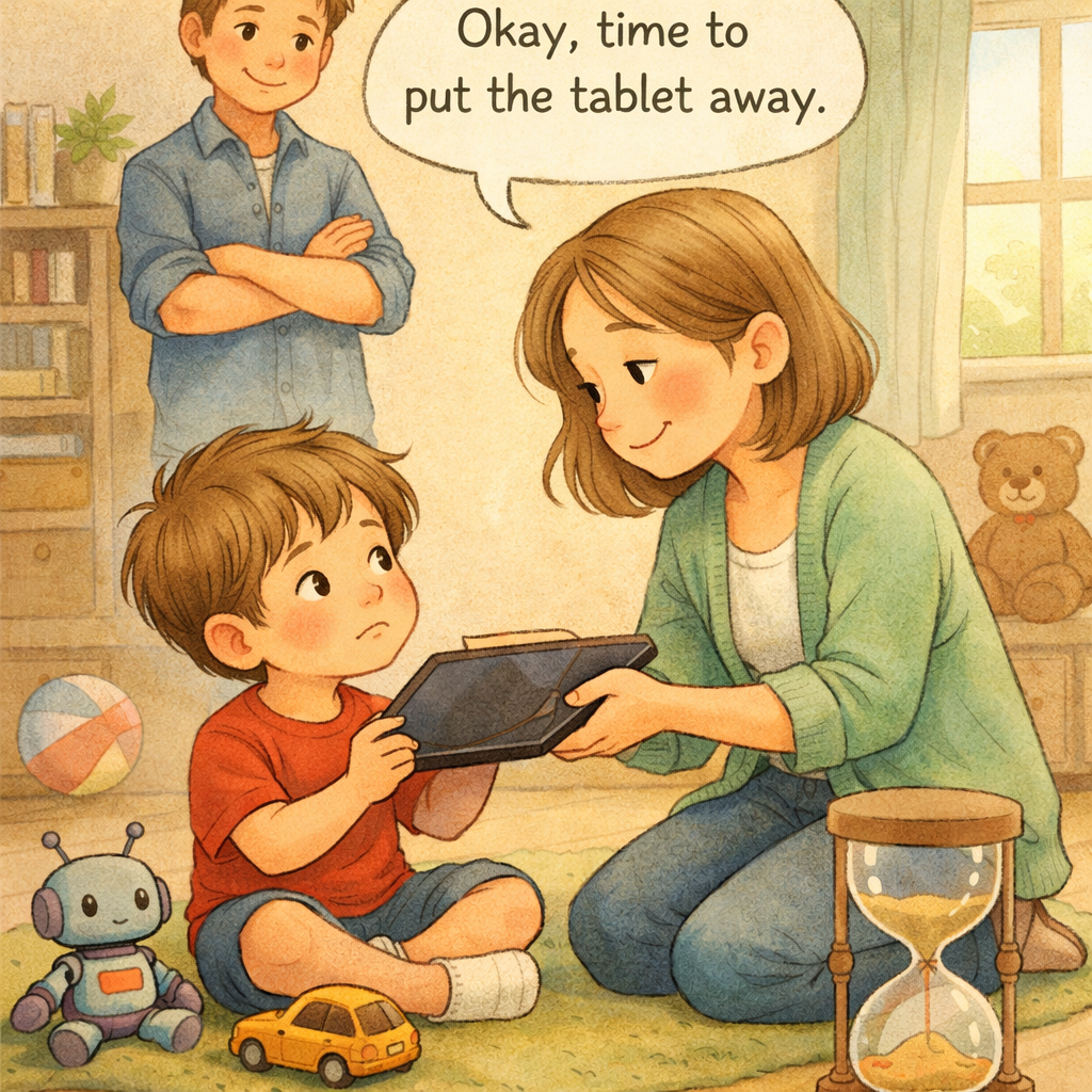 Parent encouraging a child to take a break from screen time and play with toys.