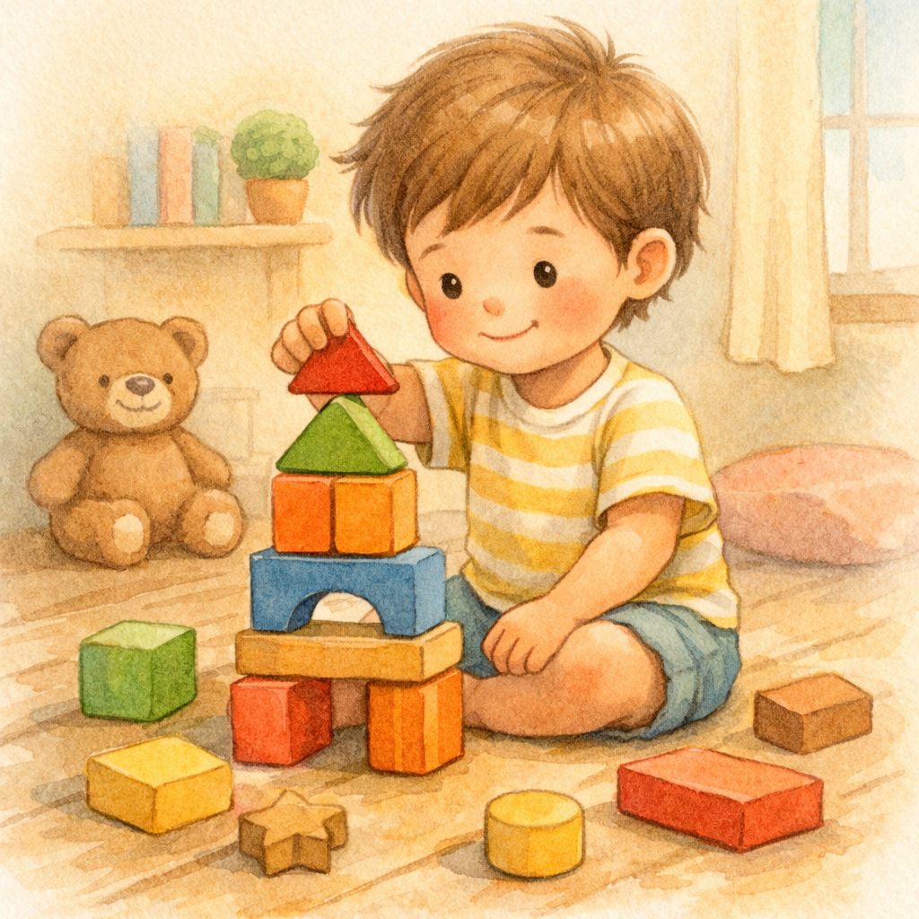 Children building a colorful tower with wooden blocks during screen-free playtime.