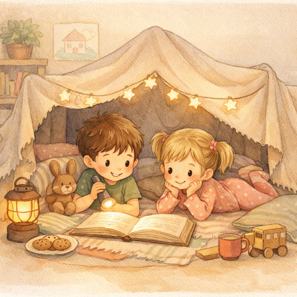 Child reading a picture book while relaxing in a cozy corner.