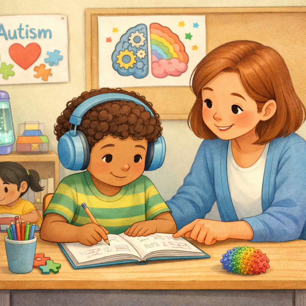 Teacher helping a neurodiverse child focus on a math activity at a classroom desk.