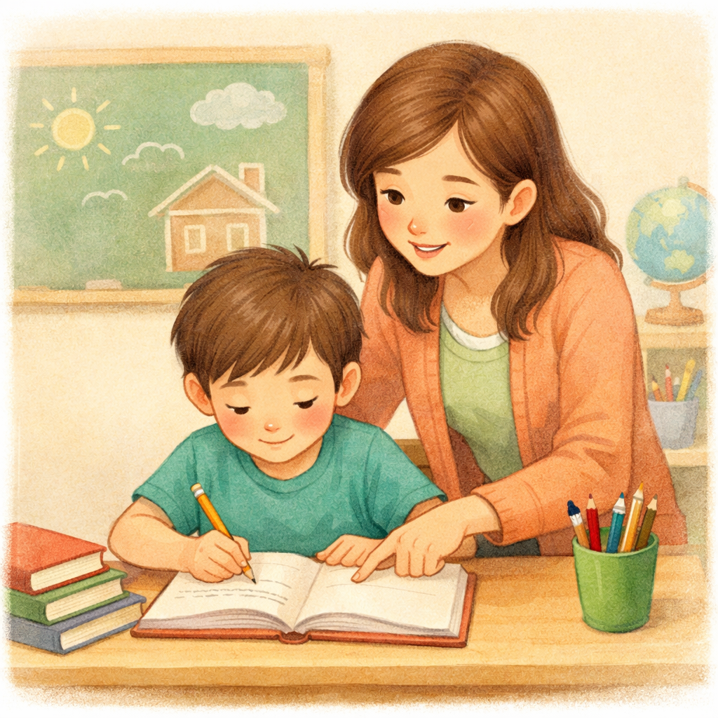 Teacher helping a child with ADHD or autism focus on a classroom activity.