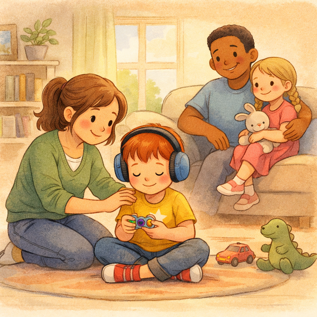 arent calmly helping a neurodiverse child manage emotions during a challenging moment.