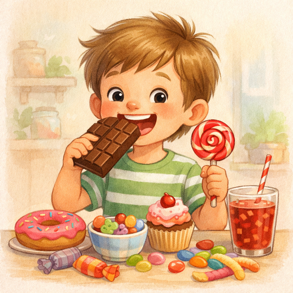 Child eating sugary snacks and showing high energy levels shortly after.
