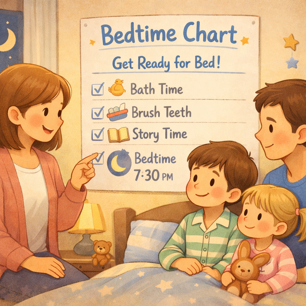 Parent helping a young child establish a consistent bedtime routine, showing that healthy sleep habits start early.