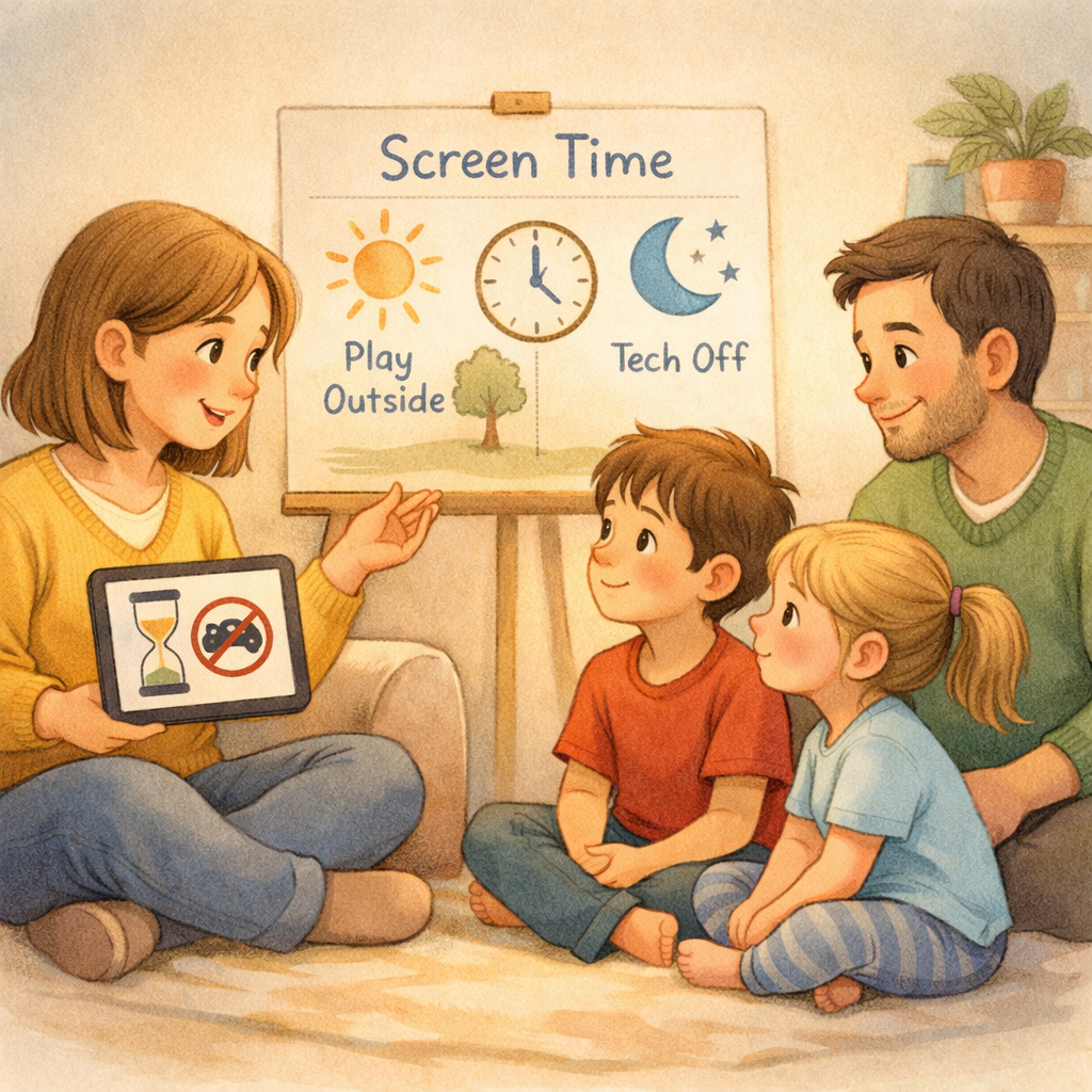 Parent calmly discussing screen time rules and boundaries with their child in a supportive environment.