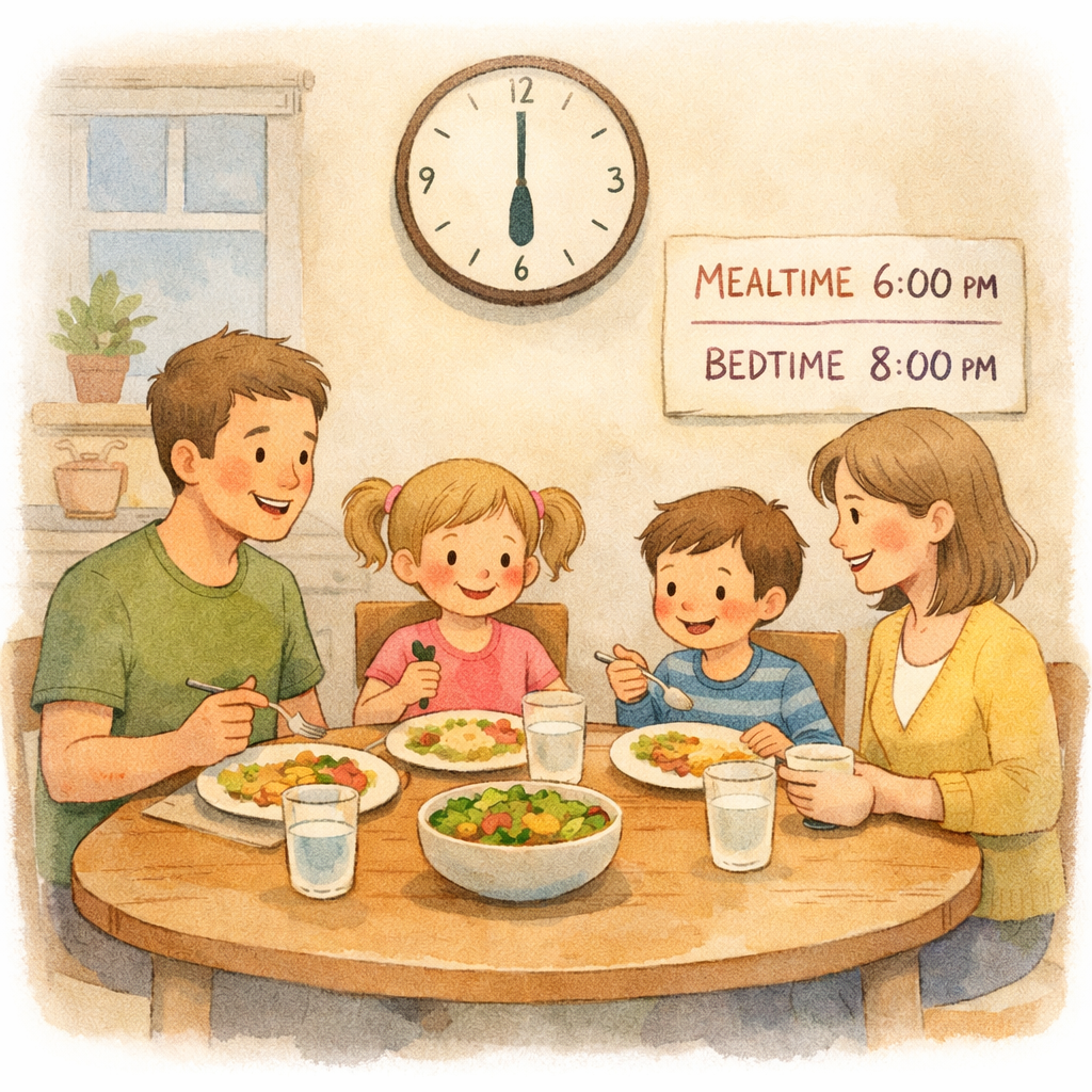 Family setting a consistent mealtime and bedtime schedule to build structure for children.