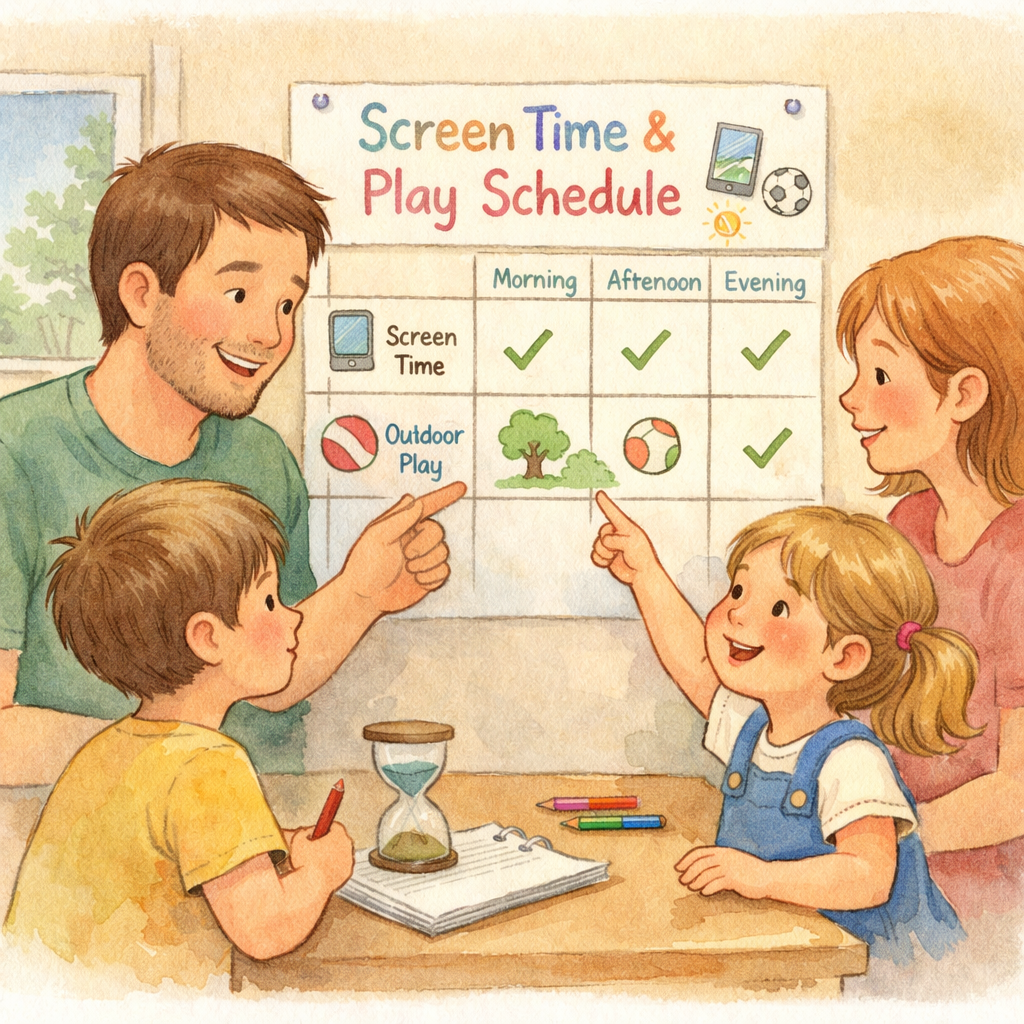 Family creating a schedule that balances screen time and outdoor play
