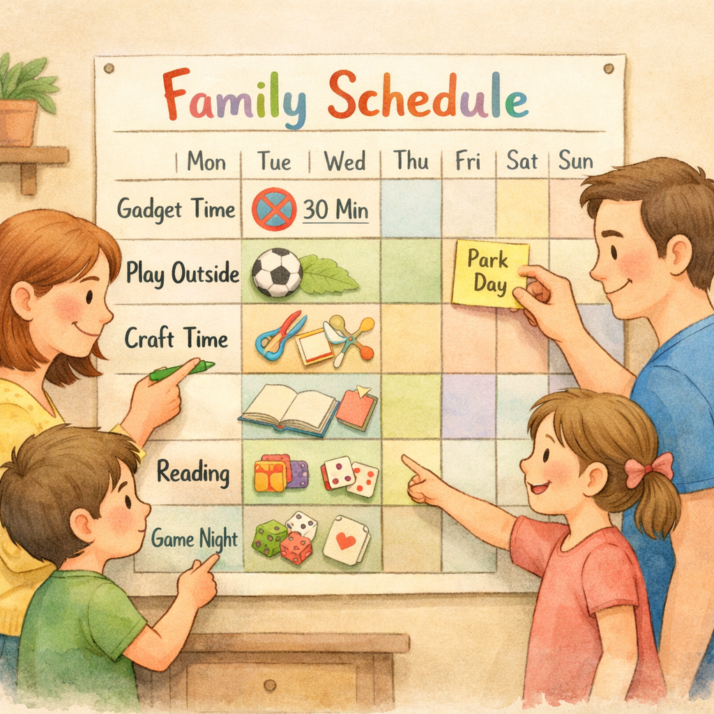 A family creating a schedule that includes limited gadget time and plenty of offline activities.