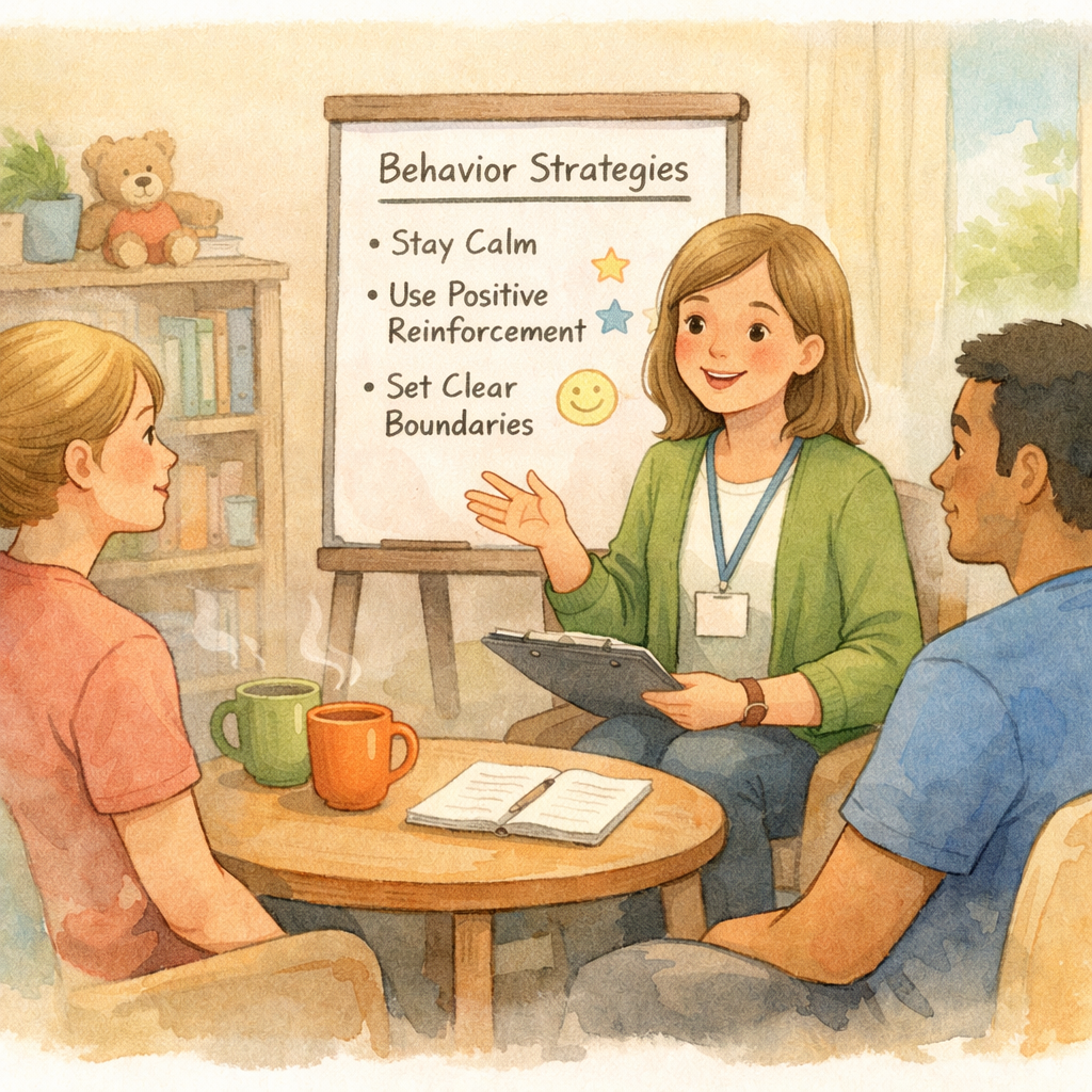 Behaviour Support Practitioner using visual communication cards with a client to support emotional regulation and positive interactions.