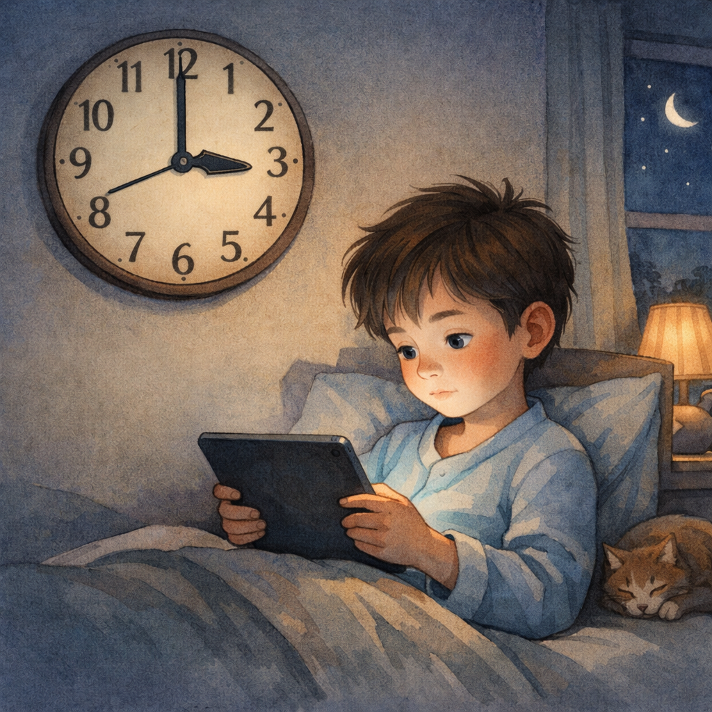 Clock showing late night as someone continues browsing on a tablet