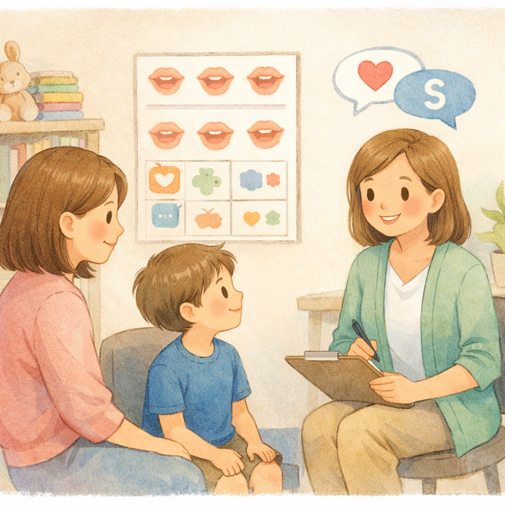 Parent and child speaking with a local speech pathologist in a clinic setting