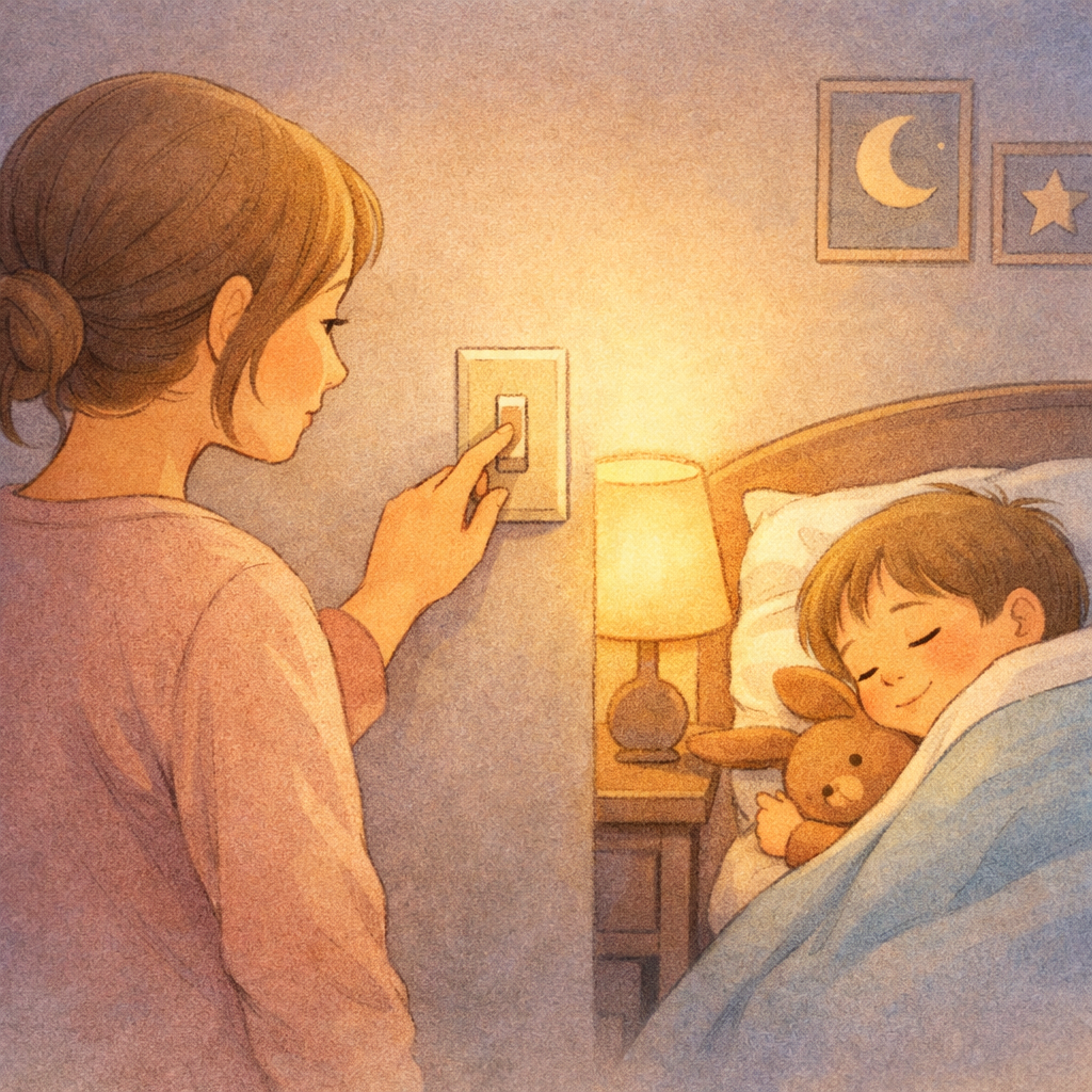 A parent turning off lights and closing curtains to create a sleep-friendly environment for a child.