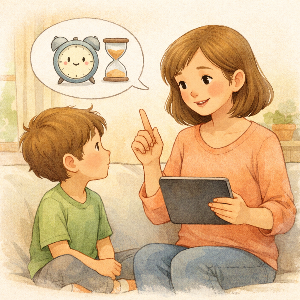 A parent and child discussing screen time limits together, with the child showing mixed emotions of resistance and understanding.