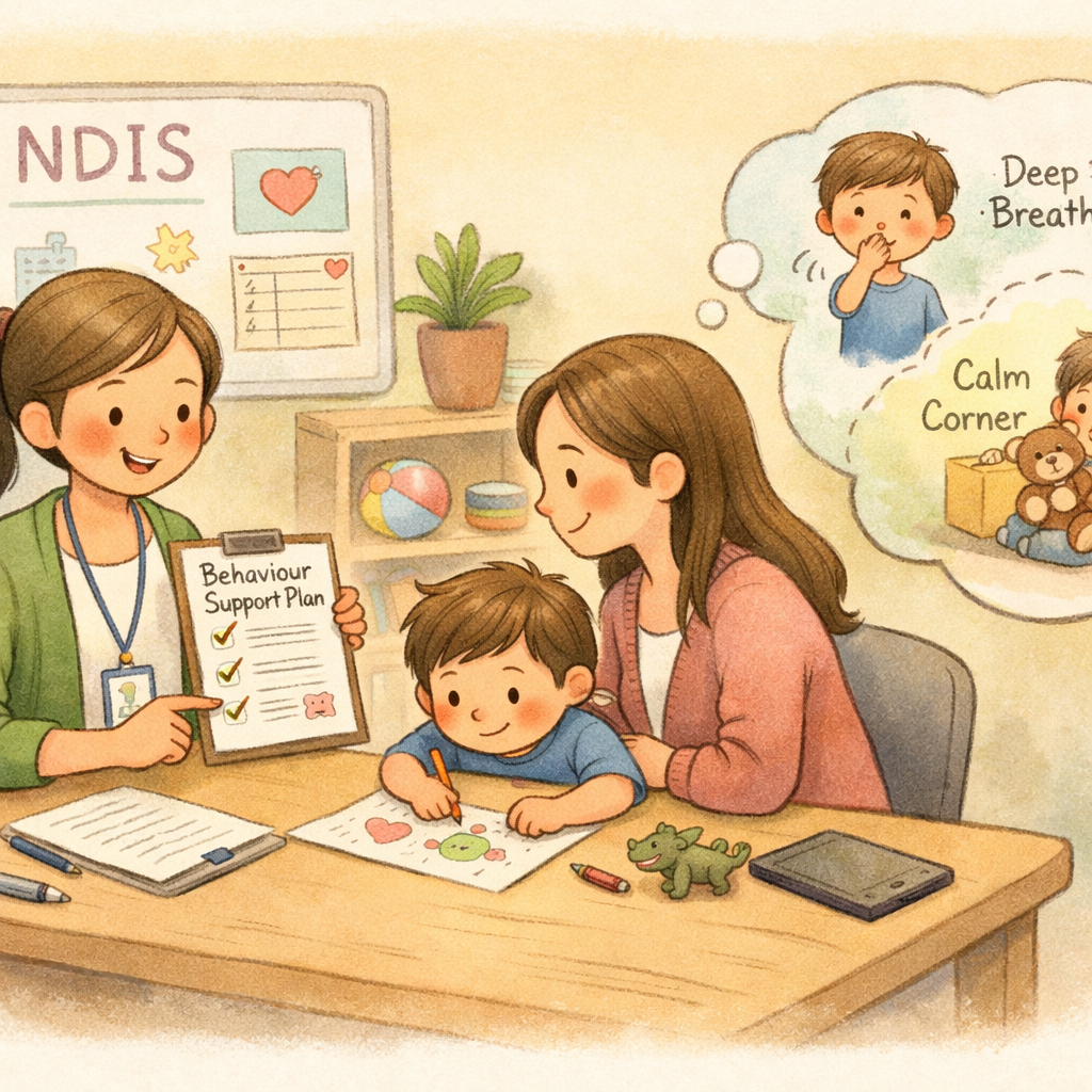 Parent and practitioner working together on early intervention strategies within an NDIS behaviour support program.